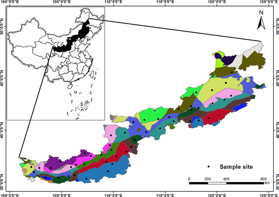 Sampling sites in the farming–pastoral ecotone of northern China. Different colours represent different climatically uniform areas.