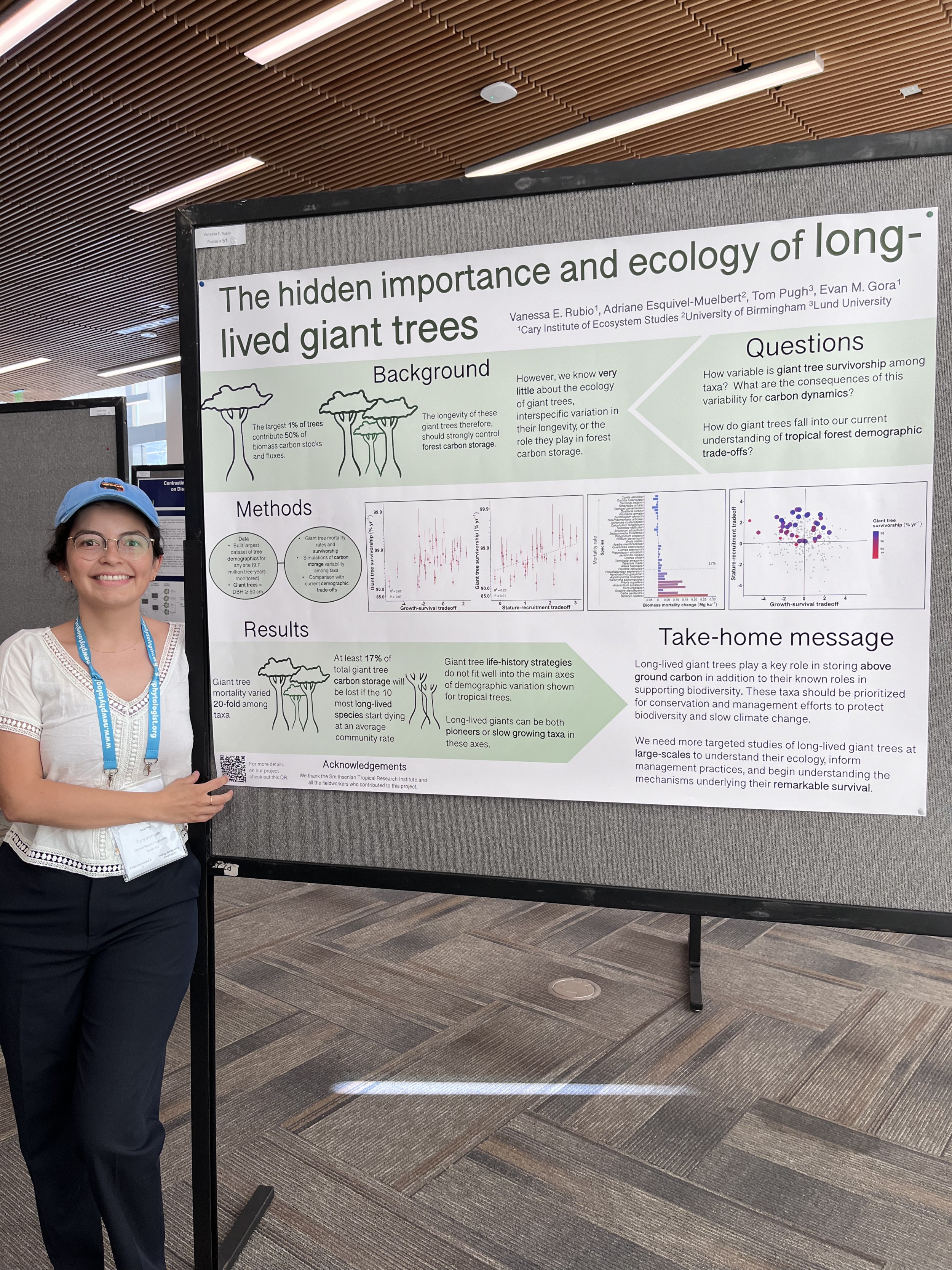 Poster prize winner Vanessa E. Rubio smiling and standing to the left of a stand displaying the winning poster.