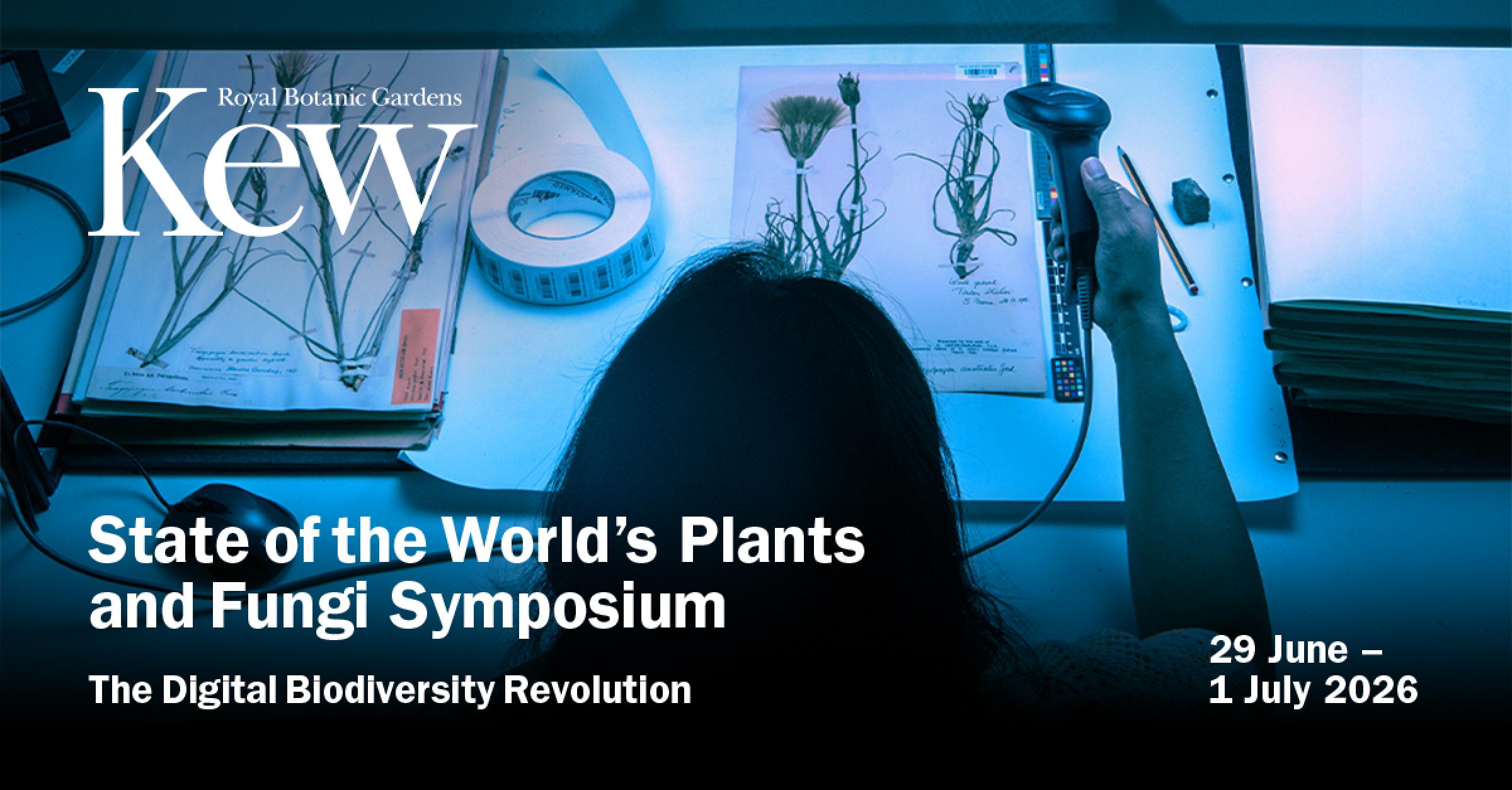 Promotional image for the 2026 State of the World's Plants and Fungi Symposium. Overhead view of a person cataloguing plant specimens.