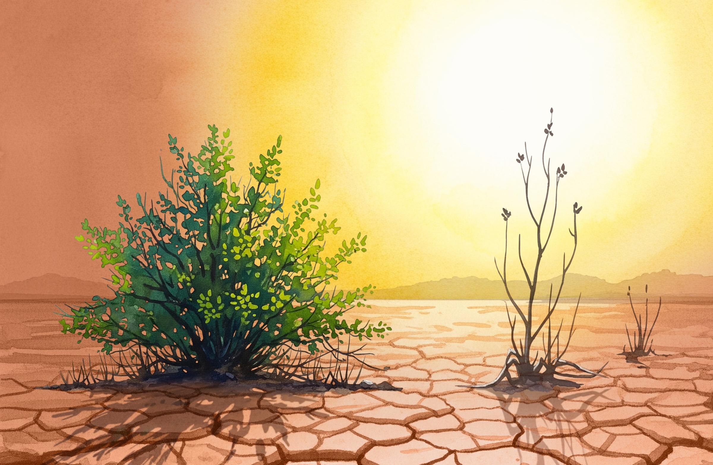 Logo for the 47th New Phytologist Symposium, two plants sit on an arid landscape with a hot sun overhead. One plant is green and alive, and the other is withered and dying.