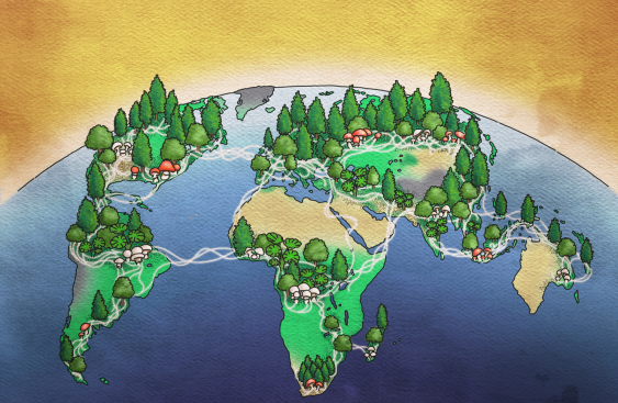 Illustration for the 45th New Phytologist Symposium, showing a globe on an orange background with trees and fungal roots connecting the continents.