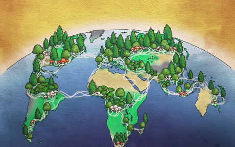 Illustration for the 45th New Phytologist Symposium, showing a globe on an orange background with trees and fungal roots connecting the continents.