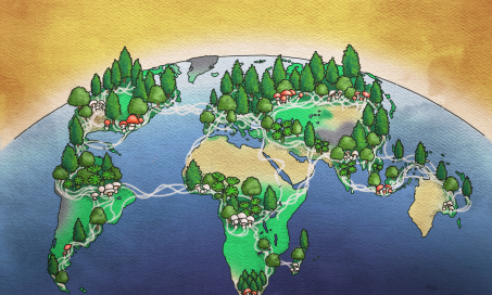 Illustration for the 45th New Phytologist Symposium, showing a globe on an orange background with trees and fungal roots connecting the continents.