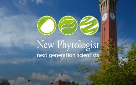 text reads "New Phytologist next generation scientists" over a image of the university of birmingham clock tower against a blue sky