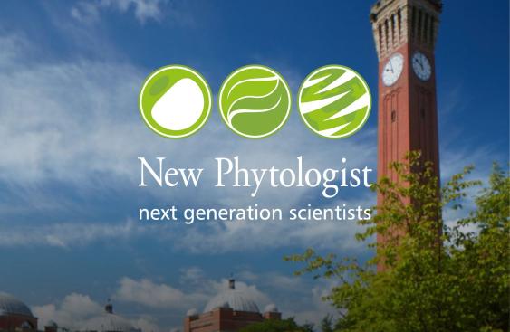 text reads "New Phytologist next generation scientists" over a image of the university of birmingham clock tower against a blue sky