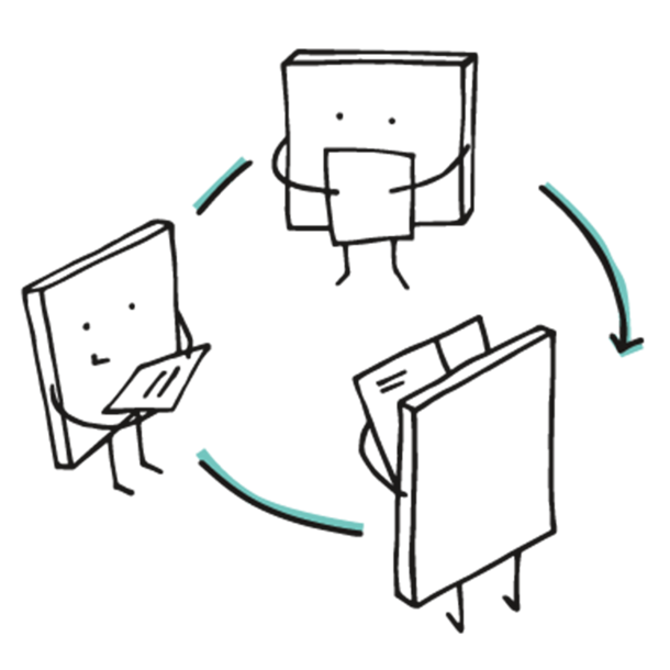 Illustration of the practice of peer review. Three cartoon squares review each others' work.
