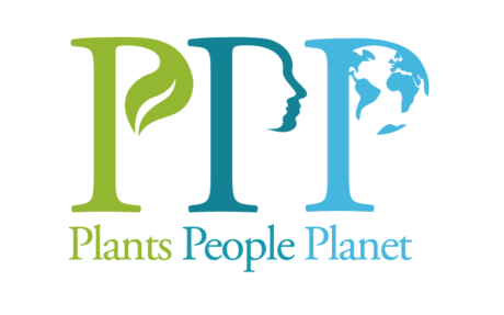 Plants, People, Planet logo.  Text reads "Plants, People, Planet" with three capital P's stylisted to include a leaf, profile of a face and the globe