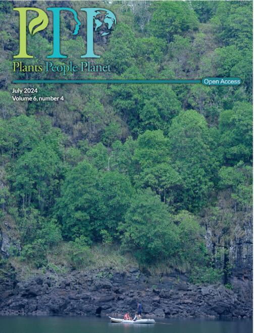 Journal cover, title reads "Plants People Planet", text reads "July 2024, Vol.6, No.5". The background shows dense trees on a steep hill above two people in a small boat on a lake.