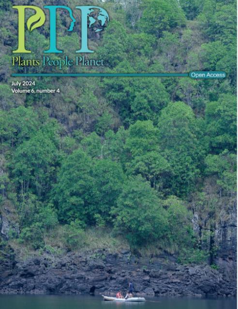 Journal cover, title reads "Plants People Planet", text reads "July 2024, Vol.6, No.5". The background shows dense trees on a steep hill above two people in a small boat on a lake.