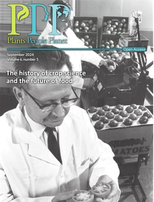 Journal cover, title reads "Plants People Planet", text reads "September 2024, Vol.6, No.5". The background shows a black and white image of two men in lab coats studying tomatoes in a lab.