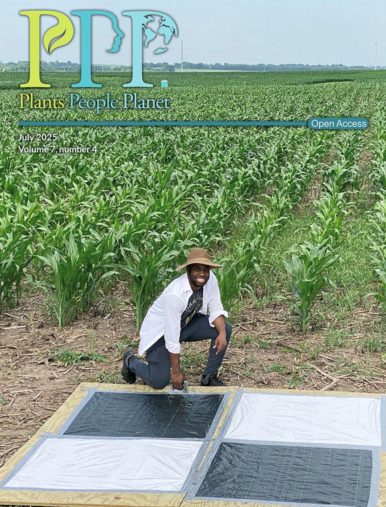 The cover of Plants, People, Planet volume 7, issue 4. PhD student Michael Tross in a maize field during installation of a ground control point for satellite imaging.