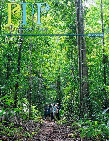 Cover of Plants, People, Planet volume 7, issue 6. Five participants of the Think Tank: Conservación de Árboles en Centroamérica stand in a group in the forest at Osa Conservation, Costa Rica.
