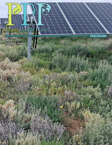 The cover of Plants, People, Planet volume 8, issue 1. Native saltbushes growing under photovoltaic panels at a solar farm in Sedan, South Australia.