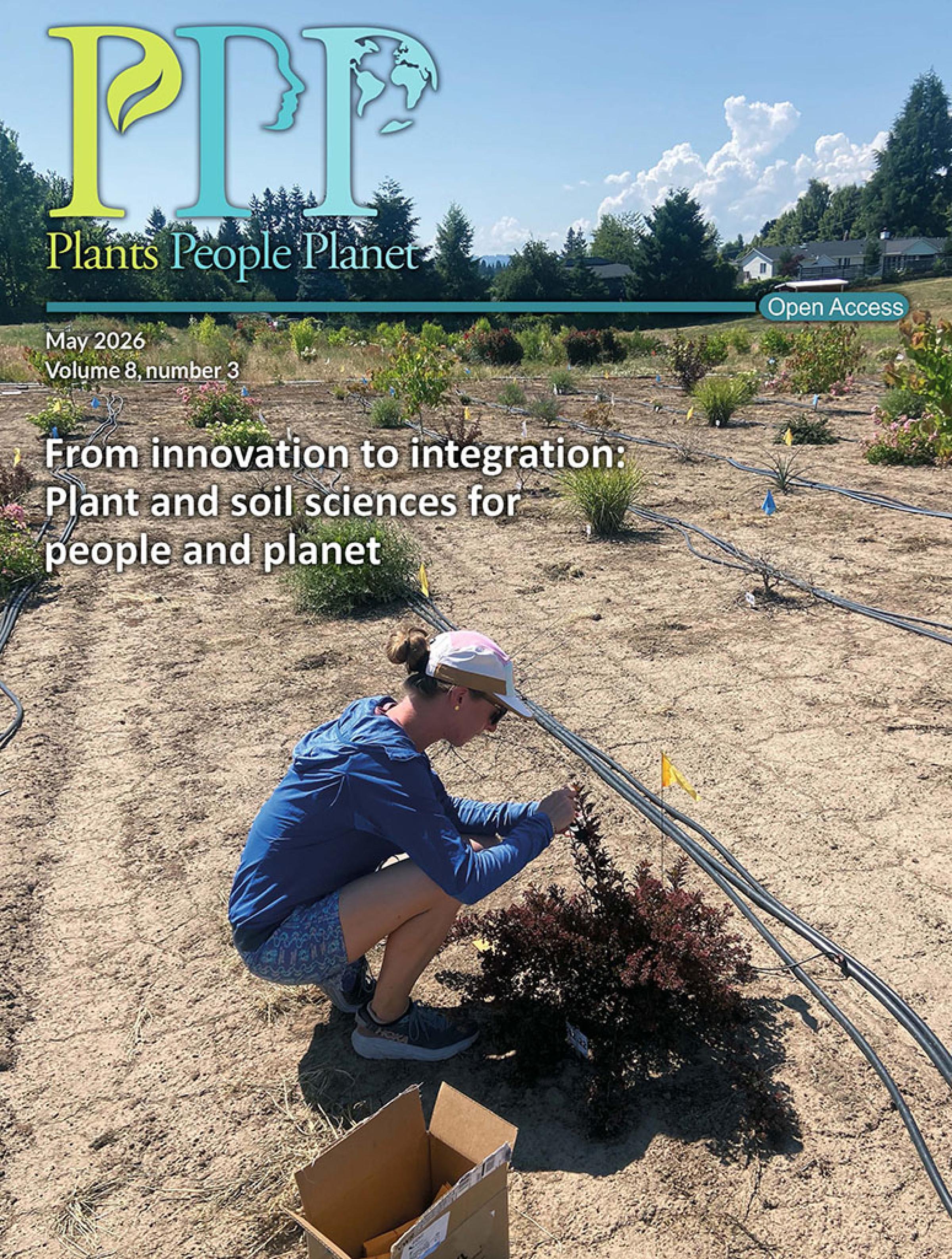 Cover image of Plants, People, Planet volume 8, issue 3. Researcher Amelia Keyser-Gibson collects leaf samples in the Oregon State University Climate Ready Landscape Plants test irrigation plot at the North Willamette Research and Extension centre in Aurora, OR, USA.