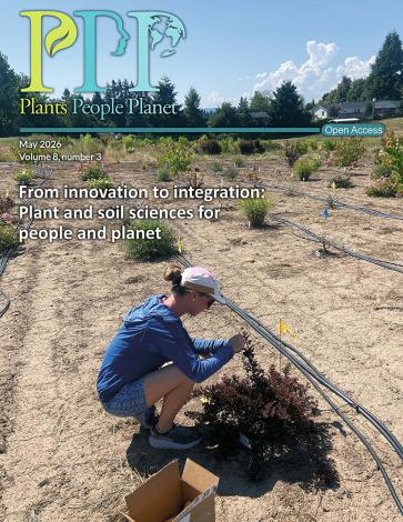 Cover image of Plants, People, Planet volume 8, issue 3. Researcher Amelia Keyser-Gibson collects leaf samples in the Oregon State University Climate Ready Landscape Plants test irrigation plot at the North Willamette Research and Extension centre in Aurora, OR, USA.