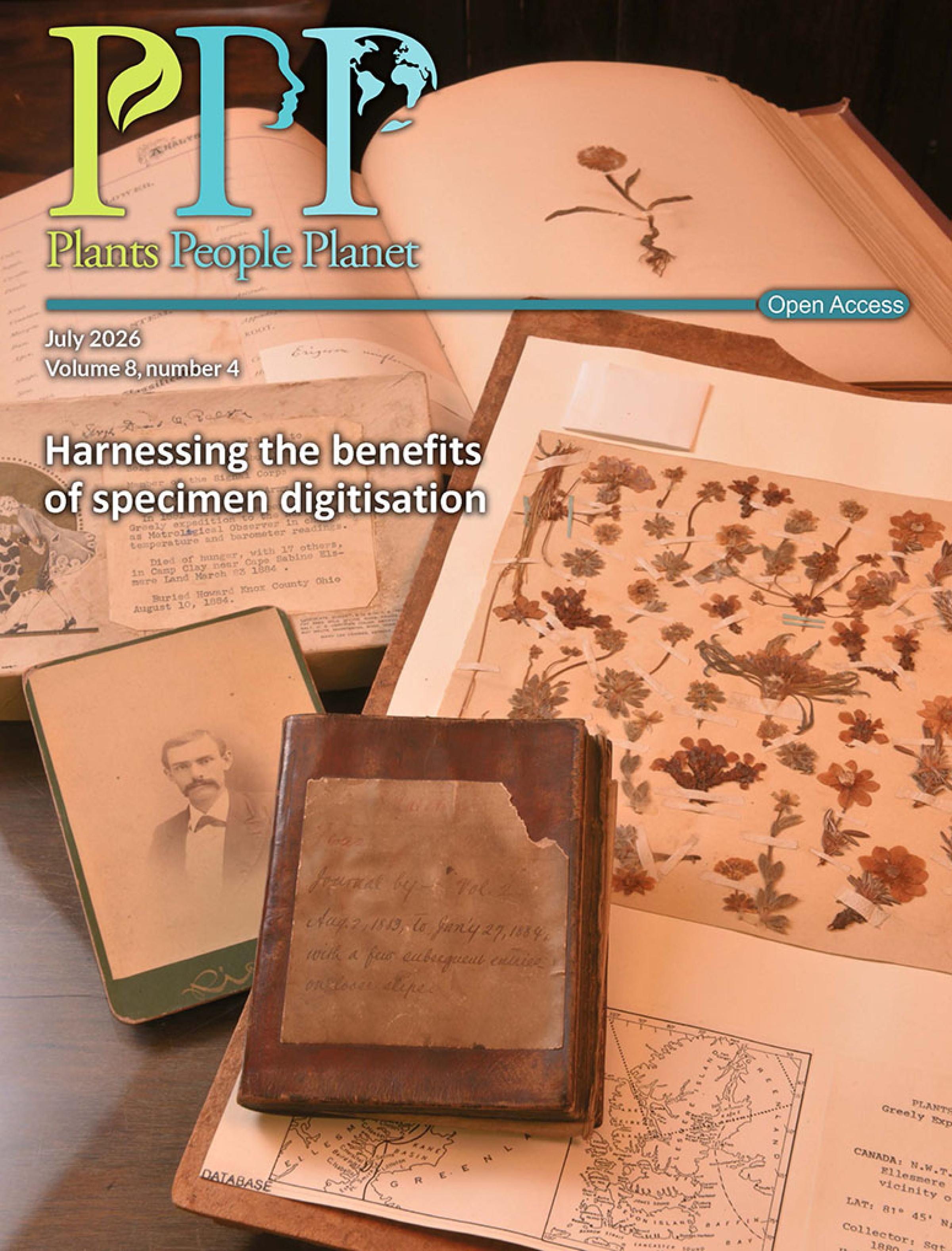 Cover of Plants, People, Planet volume 8, issue 4. Archives and specimens from the fateful Lady Franklin Bay Expedition (1881–1884) residing in the Carnegie Museum herbarium, Pittsburgh, USA.