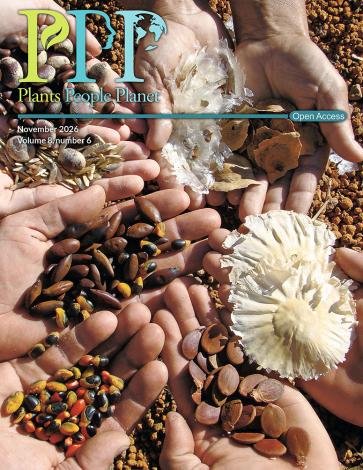 Cover of Plants, People, Planet 8:6. Seven hands hold a variety of seeds.