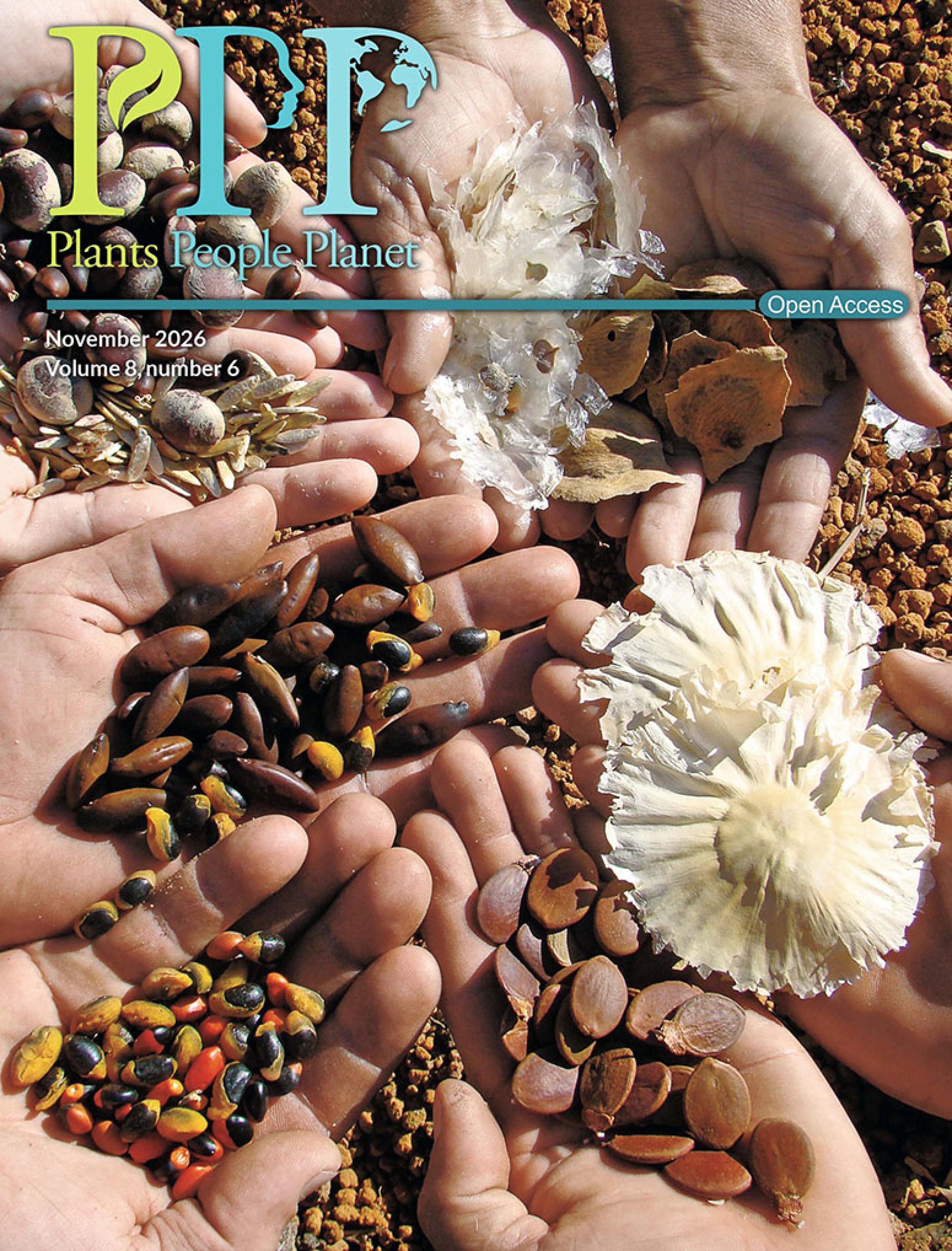 Cover of Plants, People, Planet 8:6. Seven hands hold a variety of seeds.