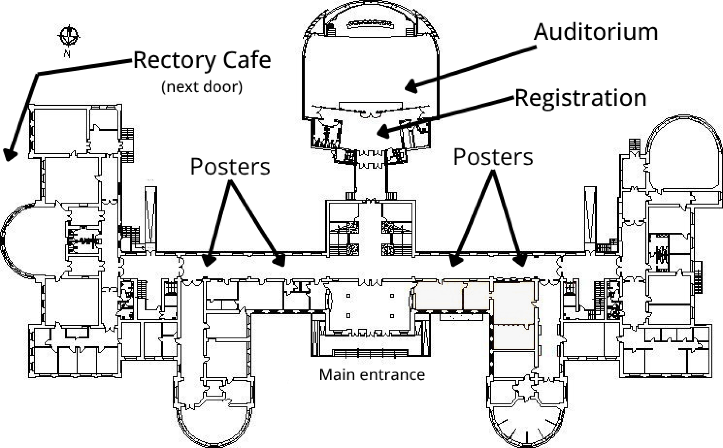 Map of the ground floor of the rectory building -the main entrance is in the middle of building, with a cordisor leading straight on to the main auditorium. Poster are located in the hallways from the main entrance