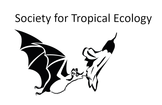 Text reads "Society for Tropical Ecology" with a black and white line drawing of abat feeding from a flower