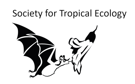 Text reads "Society for Tropical Ecology" with a black and white line drawing of abat feeding from a flower