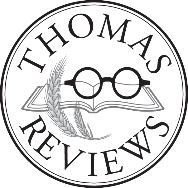 A round logo in the style of a rubber stamp, incorporating the text 'Thomas Reviews' and a motif consisting of an open book, a pair of rounded spectacles and the stylised panicle of a grass or cereal crop.