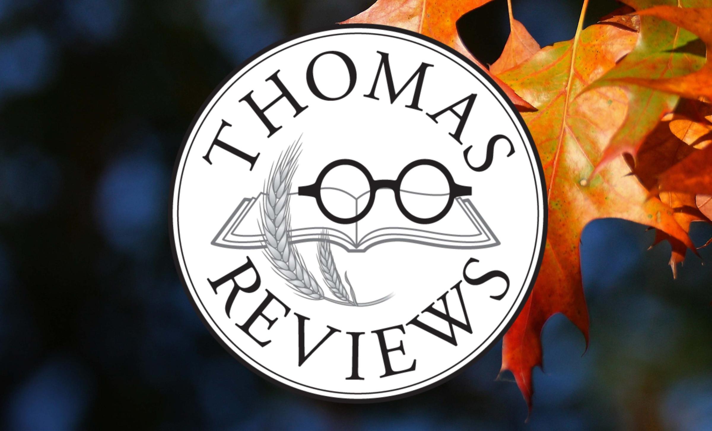 A round logo in the style of a rubber stamp, bearing the text 'Thomas Reviews'. In the centre are three overlaid stylised motifs: the seed head of a cereal plant, an open book, and round-framed spectacles.