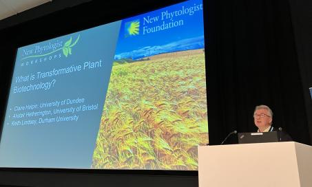 Photo from the opening of the New Phytologist workshop on Transformative Plant Biotechnology, with Alistair Hetherington at a podium in front of a slide with a field of golden wheat