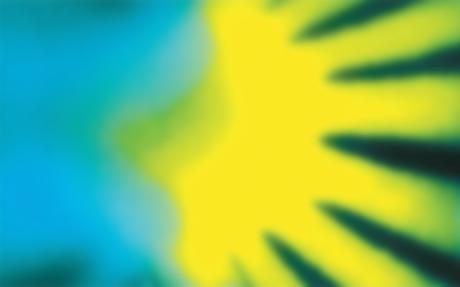 A yellow sunburst against a blue-green background